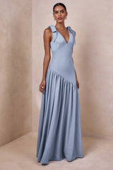 Cala | Powder Blue Satin Plunge-Neck Maxi Dress With Bow-Sleeves