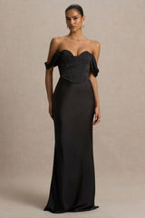 Perenna | Black Satin Sweetheart-Neck Maxi Dress With Draped-Sleeves