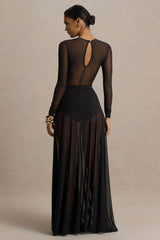 Koami | Black Mesh Long-Sleeve Ruched Maxi Dress With High Split