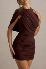 Stephanie | Brown Mini Dress With One-Sleeve Cape