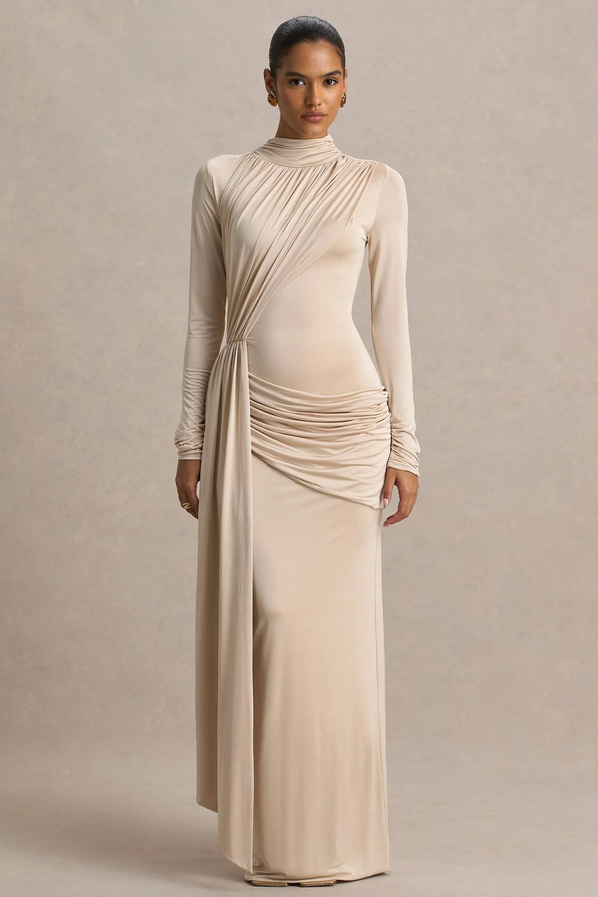 Romi | Champagne High-Neck Maxi Dress With Ruched Detailing