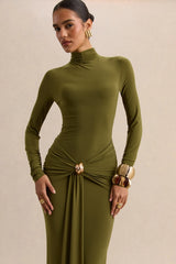 Ambrette | Olive High-Neck Maxi Dress With Gathered-Detailing