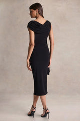Mirelda | Black Asymmetric-Neck Midi Dress With Gold-Detail