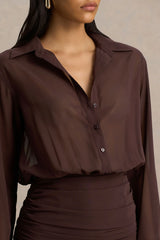 Kris | Brown Plunge-Neck Maxi Dress With Ruched Detailing