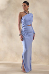 Malika | Powder Blue Asymmetric-Neck Maxi Dress With Body-Cut Out And Gathered Detailing