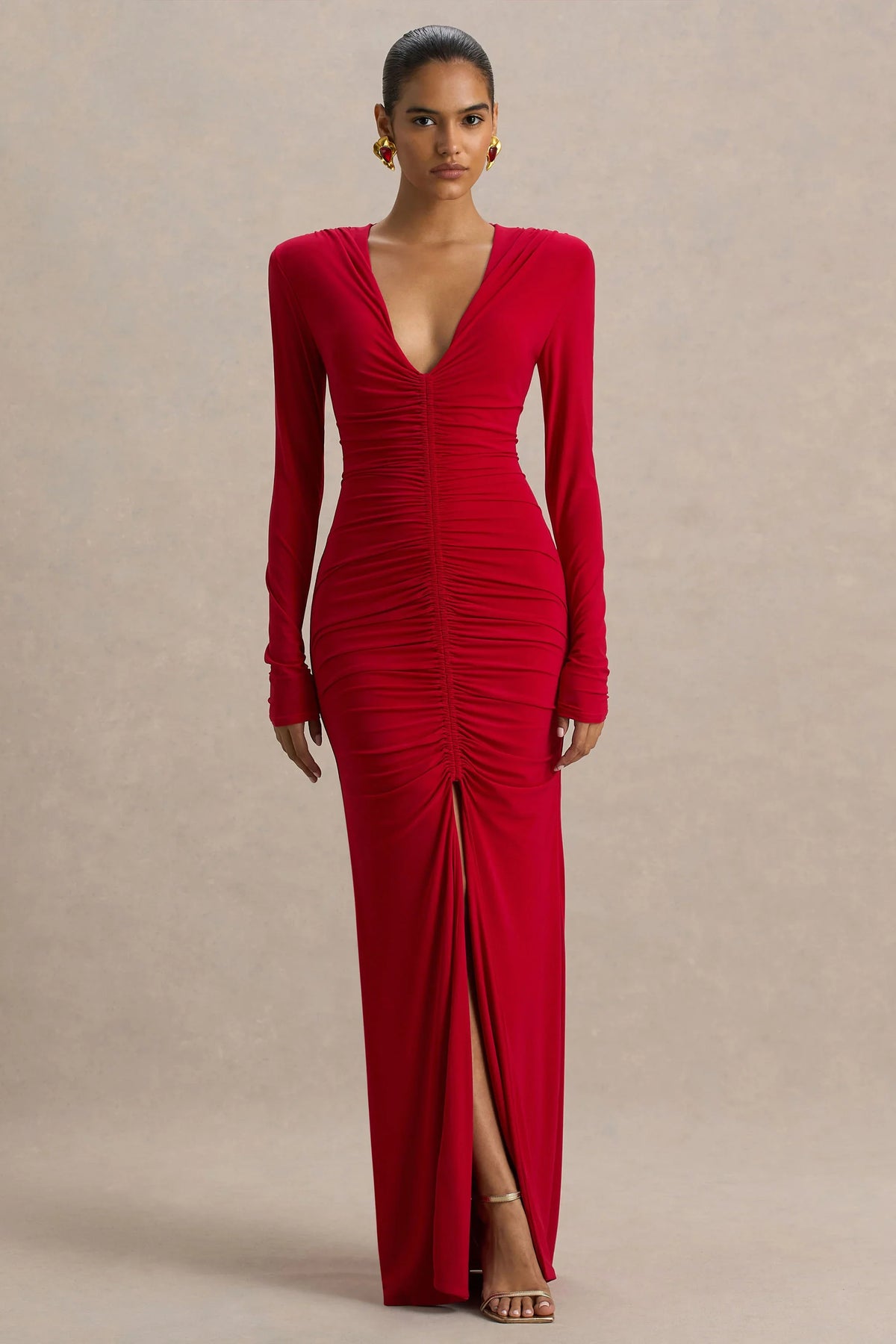 Jewel | Red Plunge-Neck Maxi Dress With Front Split and Ruched Detailing