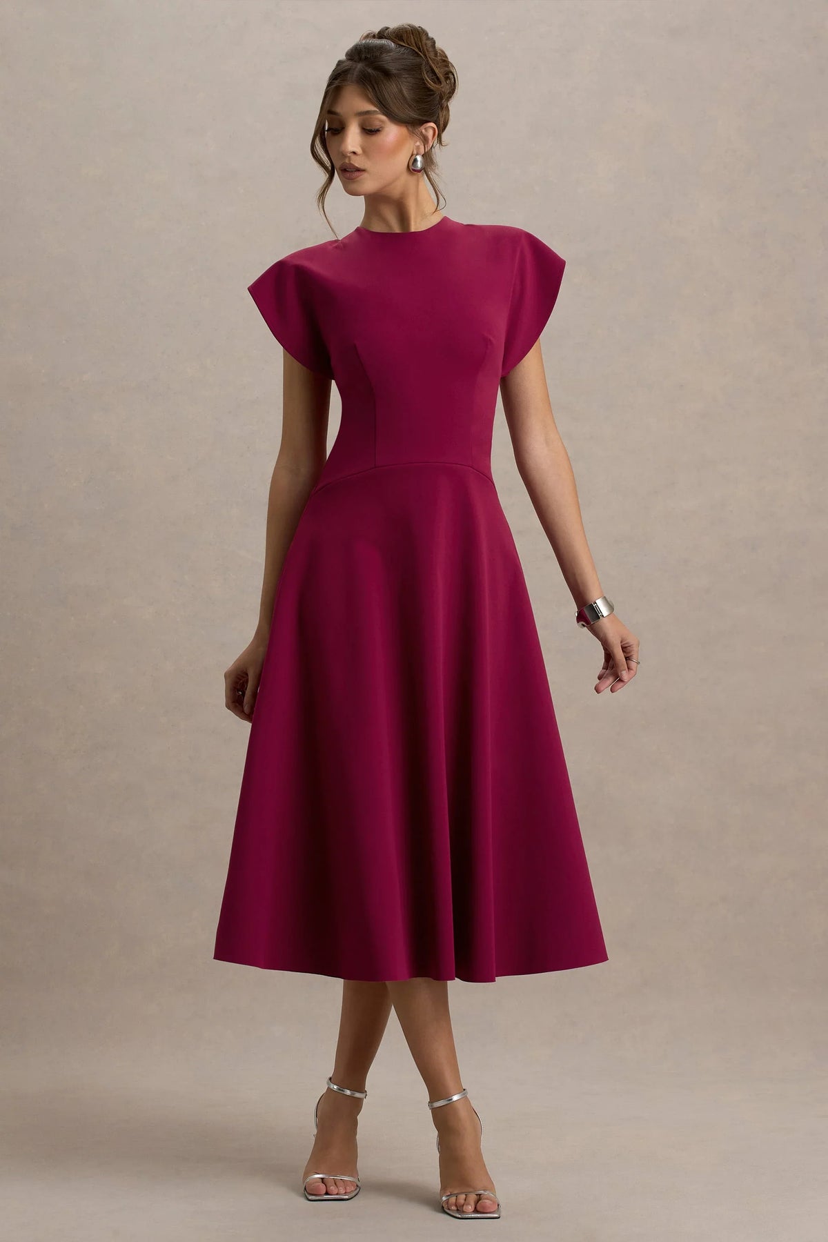 Linda | Dark Cherry Crew-Neck Cap-Sleeve Midi Dress