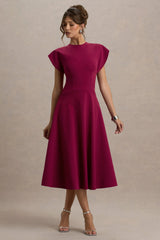 Linda | Dark Cherry Crew-Neck Cap-Sleeve Midi Dress