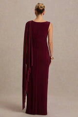 Cristina | Burgundy Slashed-Neck Maternity Maxi Dress With Cape-Sleeve