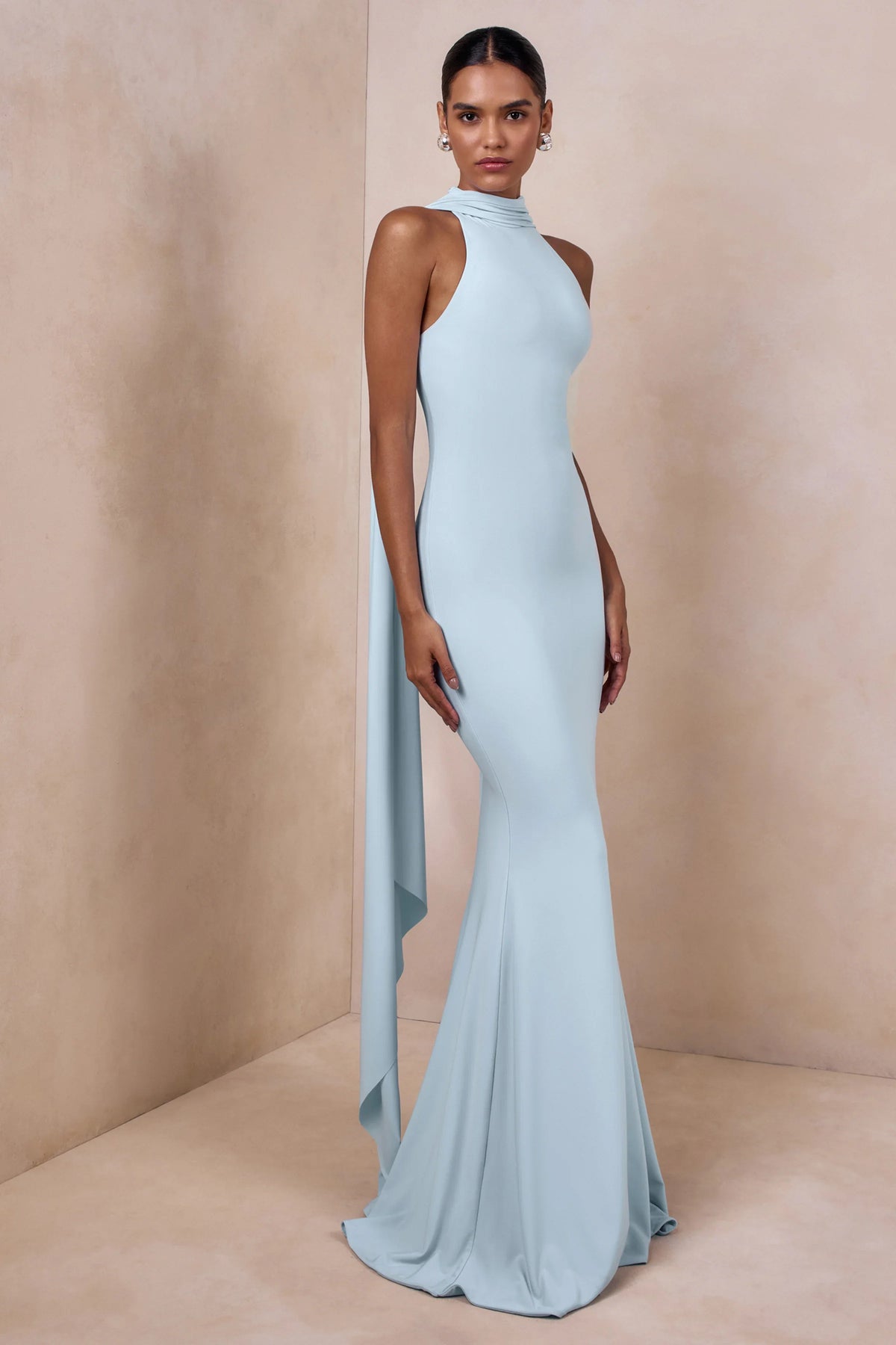 Cordy | Powder Blue High-Neck Maxi Dress With Cape