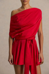 Clydie | Red Satin Asymmetric Playsuit With Tie-Waist