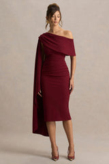 Leah | Burgundy Asymmetric-Neck Midi Dress With Cape-Sleeve