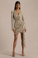 Carmina | Gold Sequin Plunge-Neck Wrap Mini Dress With Sash Detail