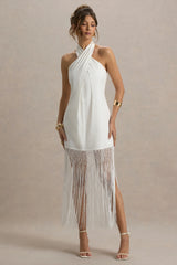 Fiametta | Ecru Linen Halter-Neck Fringe Maxi Dress