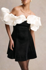 Brynne | Black & Cream Velvet Mini Dress With Satin Puff Sleeves