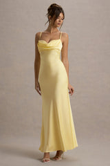 Eimear | Lemon Satin Draped Sweetheart Maxi Dress