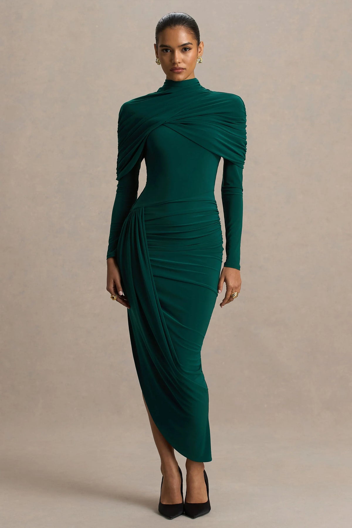 Aneira | Bottle Green High-Neck Maxi Dress With Cape Sleeves