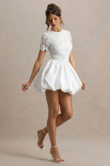 Taffy | White Lace Mini Dress With Satin Puffball Skirt
