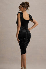 Tarna | Black Velvet Midi Dress With Bow Straps