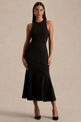 Sally | Black Crew-Neck Midi Dress With Drop Waist And Pleated Detailing