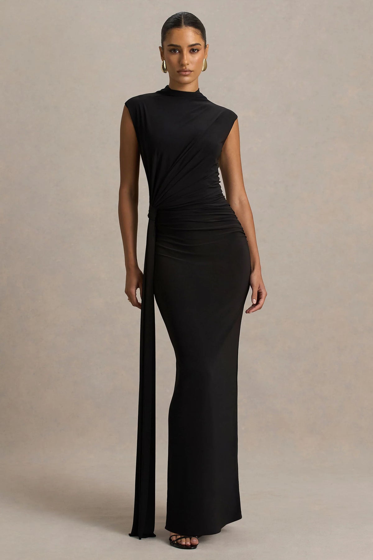 Solene | Black High-Neck Maxi Dress With Wrap And Drape Detail