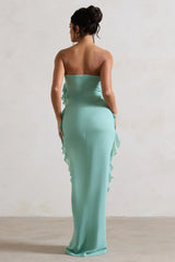 Gardenia | Mint Green Strapless Ruffle Maxi Dress With Corsage