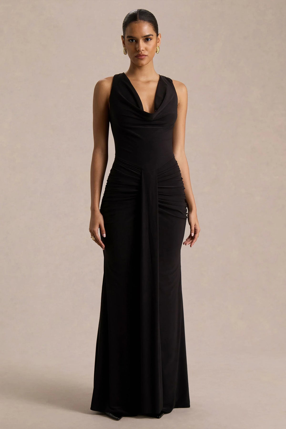 Mallie | Black Cowl-Neck Maxi Dress With Gathered-Detailing