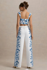 Zelie | Blue Porcelain Print Wide-Leg Trousers