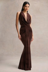 Lavernia | Brown Velvet Halter-Neck Maxi Dress With Gathered-Detailing