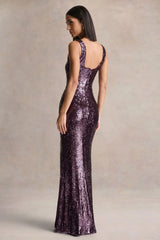 High Life | Plum Sequin Square-Neck Maxi Dress With Front-High Split