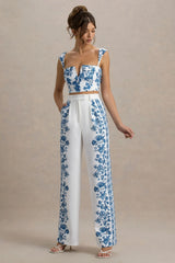 Zelie | Blue Porcelain Print Wide-Leg Trousers