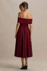 Isabella | Burgundy Bardot-Neck Midi Dress