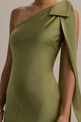 Here For Love | Khaki Satin Asymmetric Maxi Dress With Bow