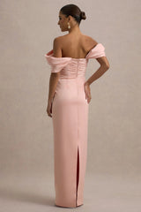Annita | Light Pink Satin Bardot Maxi Dress