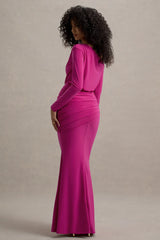 Deanna | Hot Pink Asymmetric Long-Sleeve Ruched Maxi Dress