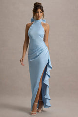 Maureen | Powder Blue Satin High-Neck Draped Maxi Dress