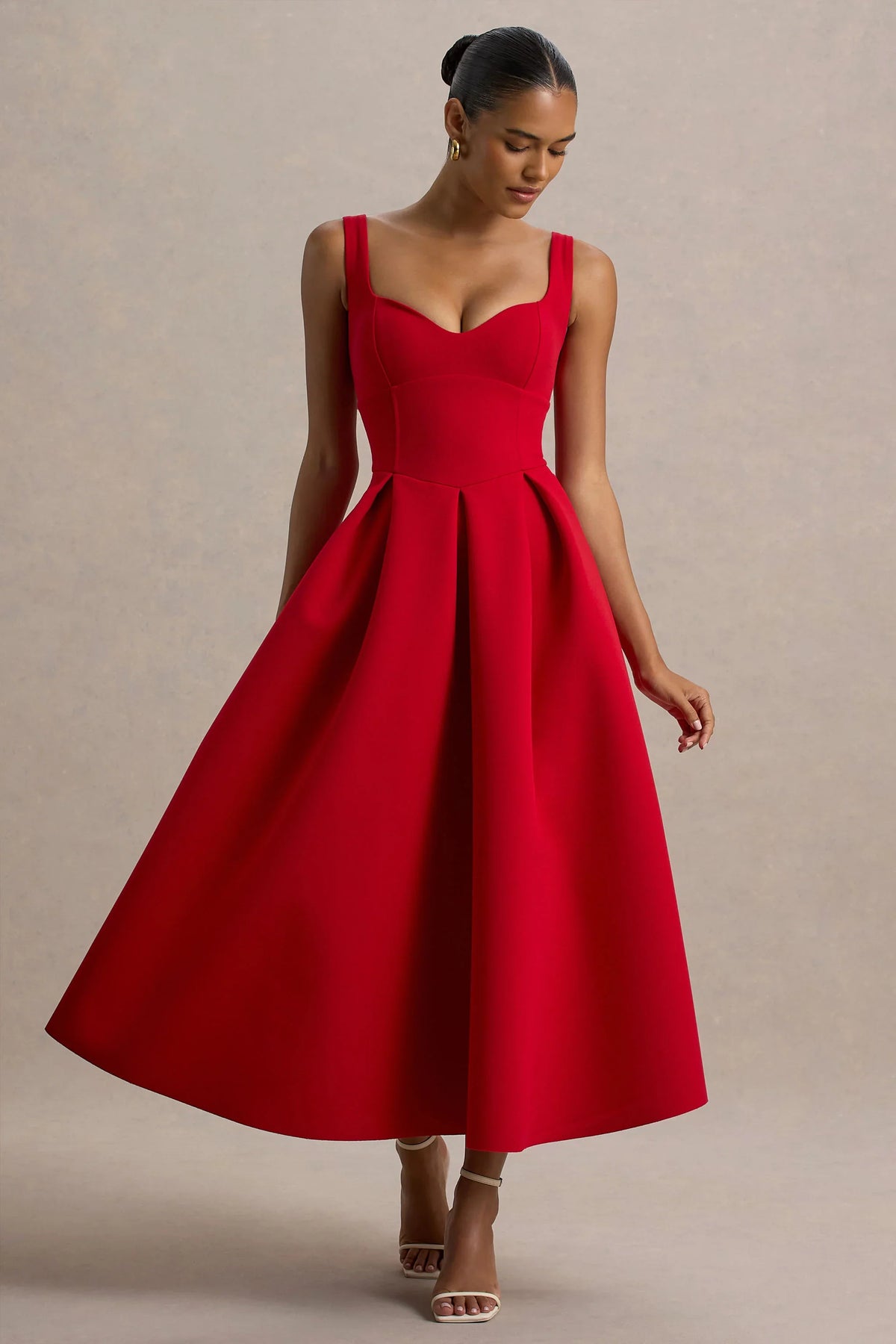 Rosemary | Red Sweetheart-Neck Midi Dress