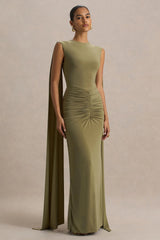 Premiere | Olive Boat-Neck Maxi Dress With Cape-Sleeves And Open-Back