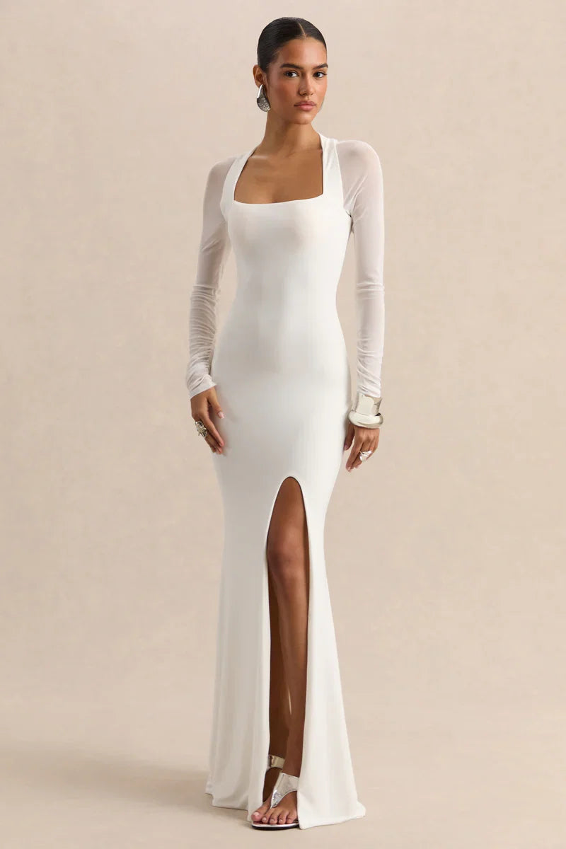 Fleurisia | White Square-Neck Maxi Dress With Mesh Long-Sleeves