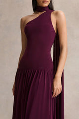 Freesia | Plum Asymmetric-Neck Maxi Dress With Scarf-Detail