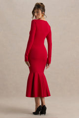 Liberty | Red High Neck Mermaid Midi Dress With Ruffling Detail