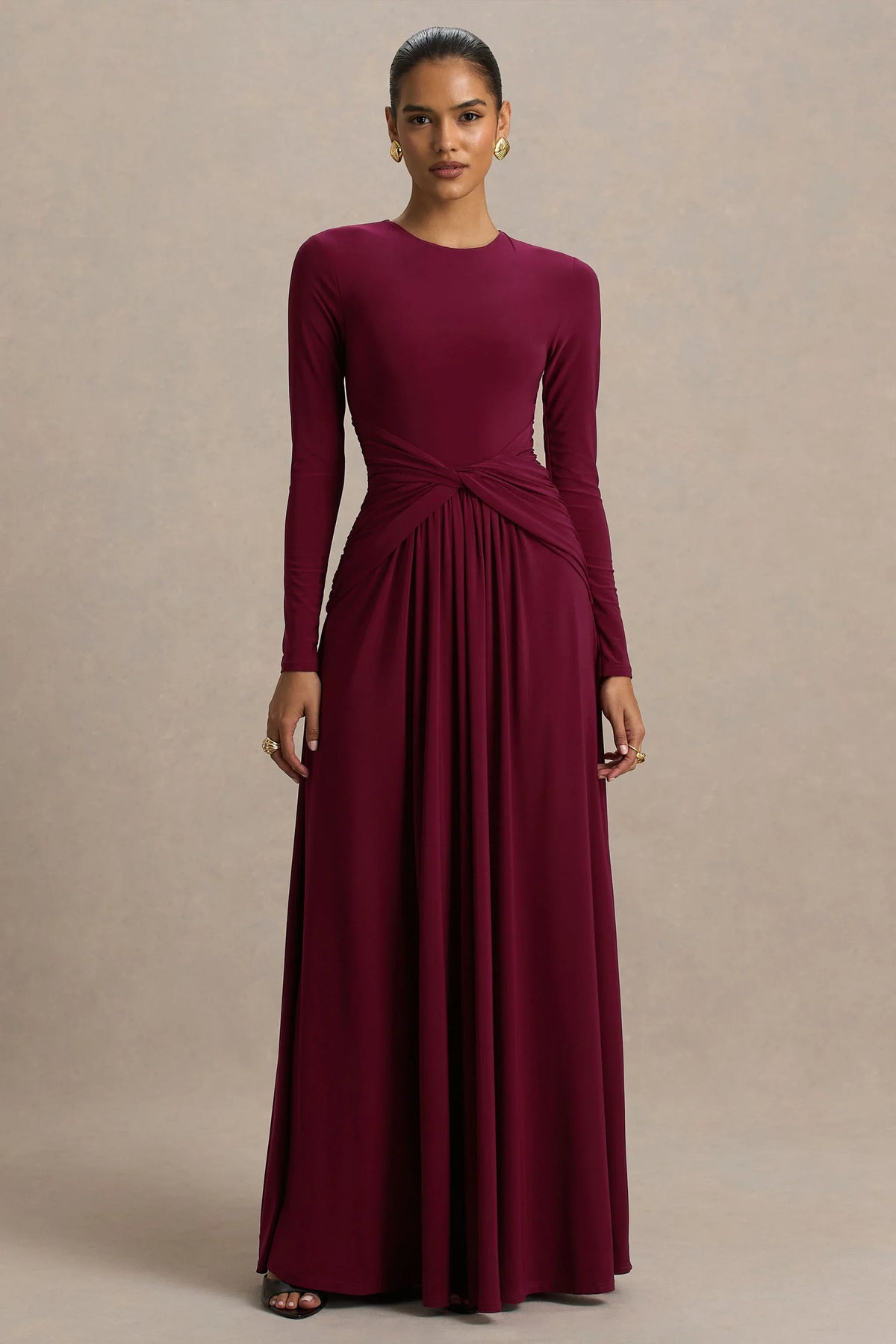 Estrella | Berry High-Neck Maxi Dress With Ruched Detailing