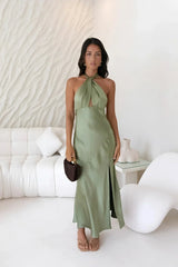 In My Feelings Satin Maxi Dress Olive