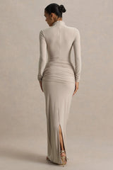 Myra | Champagne High-Neck Maxi Dress With Sash and Ruched Detailing