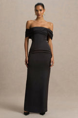 Valeria | Black Satin Twist-Bardot Neck Maxi Dress