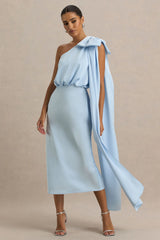 Celestia | Powder Blue Satin Asymmetric-Neck Midi Dress With Cape Detail