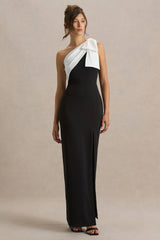 Kiri | Black & White One-Shoulder Bow Maxi Dress