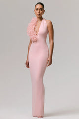 Harriet | Pink Plunge-Neck Maxi Dress With Floral Detail