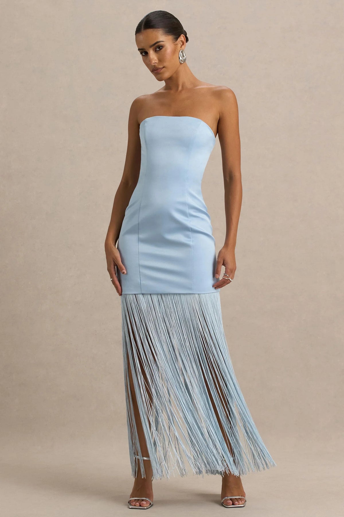 Trinity | Powder Blue Satin Bandeau Maxi Dress With Fringe