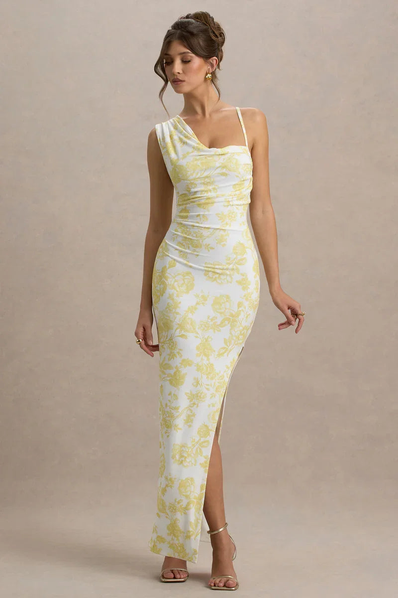 Sitara | Lemon Porcelain Print Cowl-Neck Maxi Dress With Asymmetric Skirt
